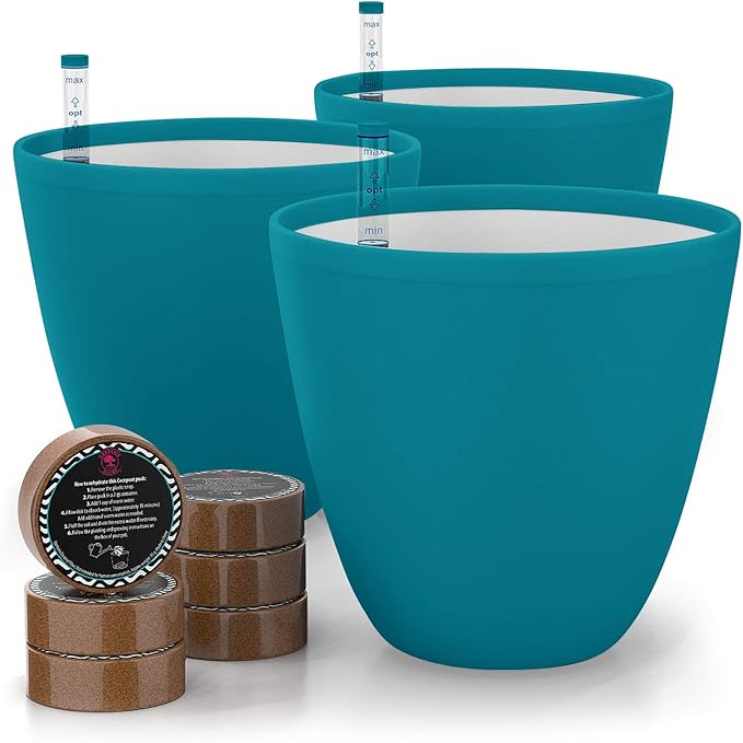 GARDENIX DECOR Self Watering Pots for Indoor Plants 3 Pack - Flower Pot with Water Level Indicator for Plants, Grow Tracking Tool - Self Watering Planter Plant Pot - Coco Coir - Teal