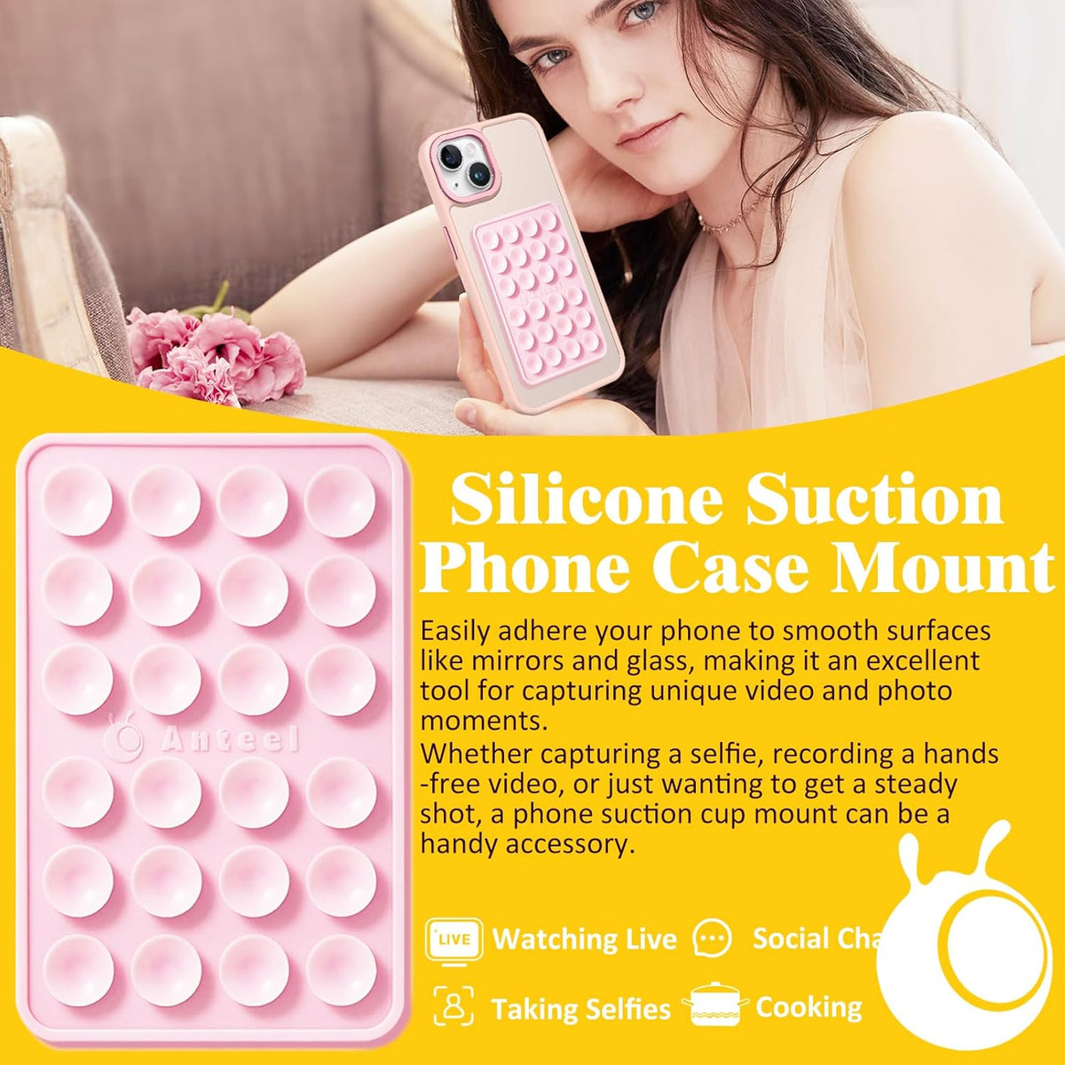 Anteel Medium-Sized Silicone Suction Phone Case Adhesive Mount, Enhanced Suction Power and Upgraded Thickened Sticky Phone Grip, Durable, Hands-Free Sticky Phone Holder, 2.28"x3.46" (Light Pink)