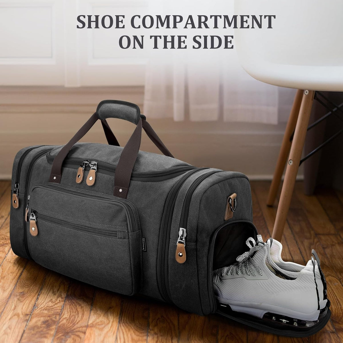 Gonex Canvas Duffle Bag 60L Travel Duffel Overnight Weekend Bag with Shoe Compartment (Dark Gray)