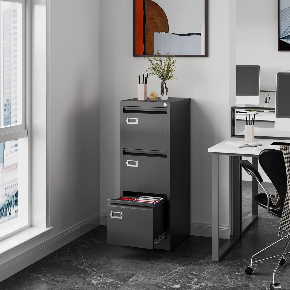 Vertical File Cabinets - 3 Drawers 17.8" Deep Lockable Filing Cabinet - Metal Storage Cabinets for Home Office to Hanging Files Letter/Legal/F4/A4 Size