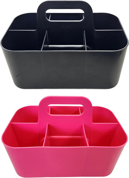 2 Pack Small 6 Compartment Multiuse Caddy Organizer with Handle Art Craft Supplies, Office, Desk, Stationery Pen Holder Stackable- Made In USA (Black/Pink)