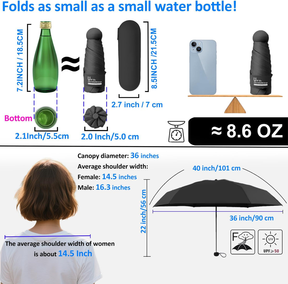 BAODINI Travel Essentials Mini Umbrella for Purse With Case Small Compact UV Sun Protection Lightweight Tiny Pocket Manual Open Close Umbrella for Women Kids and Men Fit Purse Backpack