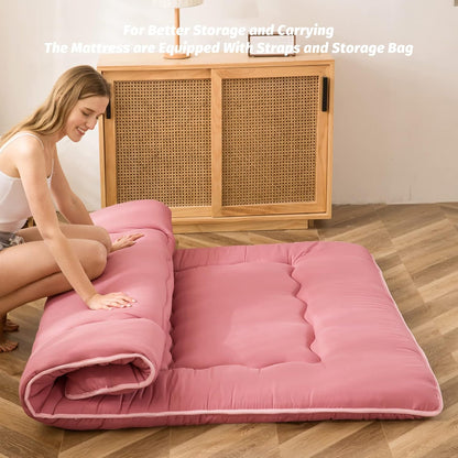 MAXYOYO Japanese Floor Mattress Futon Mattress, Thicken Sleeping Pad Foldable Roll Up Floor Futon for Adults Tatami Mat Dormitory Bed Lounger, Pink, Queen Size