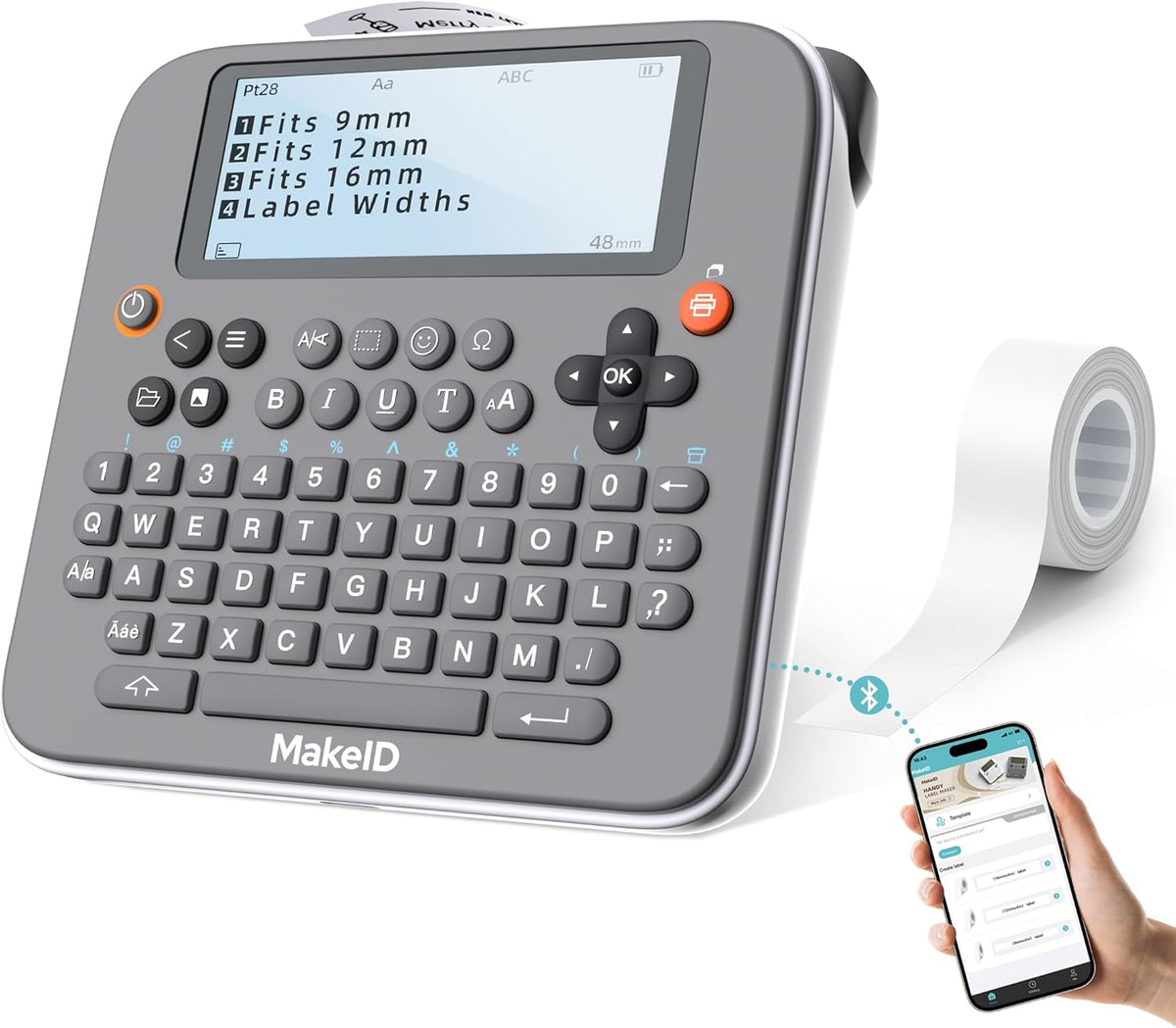 Makeid E1 Portable Label Maker - Bluetooth Compatible Thermal Printer - QWERTY Keyboard, 4.42" LCD Screen - Prints 9mm, 12mm, 16mm Clear Waterproof Sticker Labels - Includes USB Cable