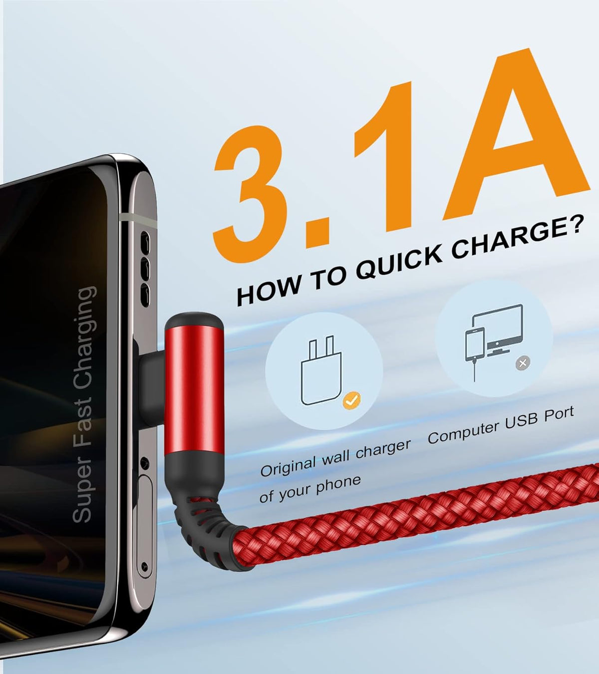 sweguard USB C Cable Right Angle [3Pack, 10FT+6.6FT+3.3FT], USB Type C iPhone 16 Charger Cable Nylon Braided Cord for iPhone 15 16 Pro Max Plus, Samsung Galaxy S25 S24 S23 S22 S21 S10 Note 20 10, Moto