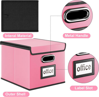 Huolewa Portable Leather File Organizer Storage Boxes, Collapsible File Folder Organizer Boxes with Lids, Document Organizer, Decorative Filing Box Cabinet for Letter/Legal File Folder Storage