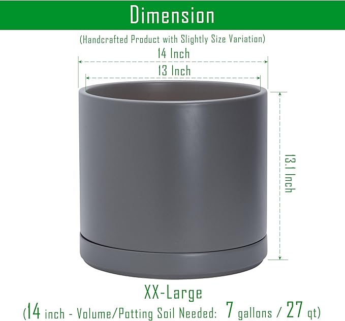 D'vine Dev 14 Inch Ceramic Planter Pot with Drainage Hole and Saucer, Indoor Cylinder Round Planter Pot, Speckled Grey, 94-O-G-3