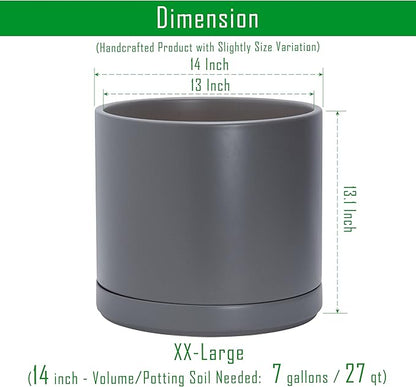 D'vine Dev 14 Inch Ceramic Planter Pot with Drainage Hole and Saucer, Indoor Cylinder Round Planter Pot, Speckled Grey, 94-O-G-3