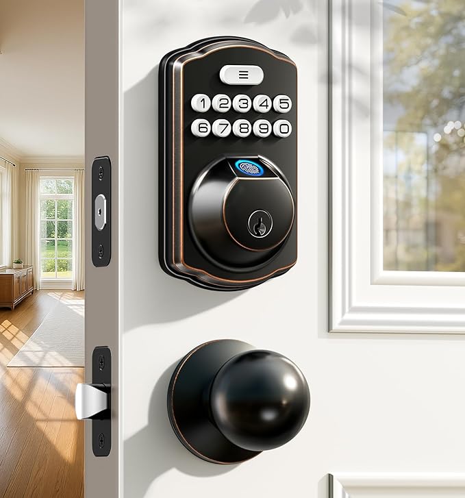 Veise Fingerprint Door Lock with 2 Knobs - Keyless Entry Door Lock with Handle, Electronic Keypad Deadbolt, Smart Front Handle Set, Auto-Locking, Waterproof, Easy Installation, Oil-Rubbed Bronze