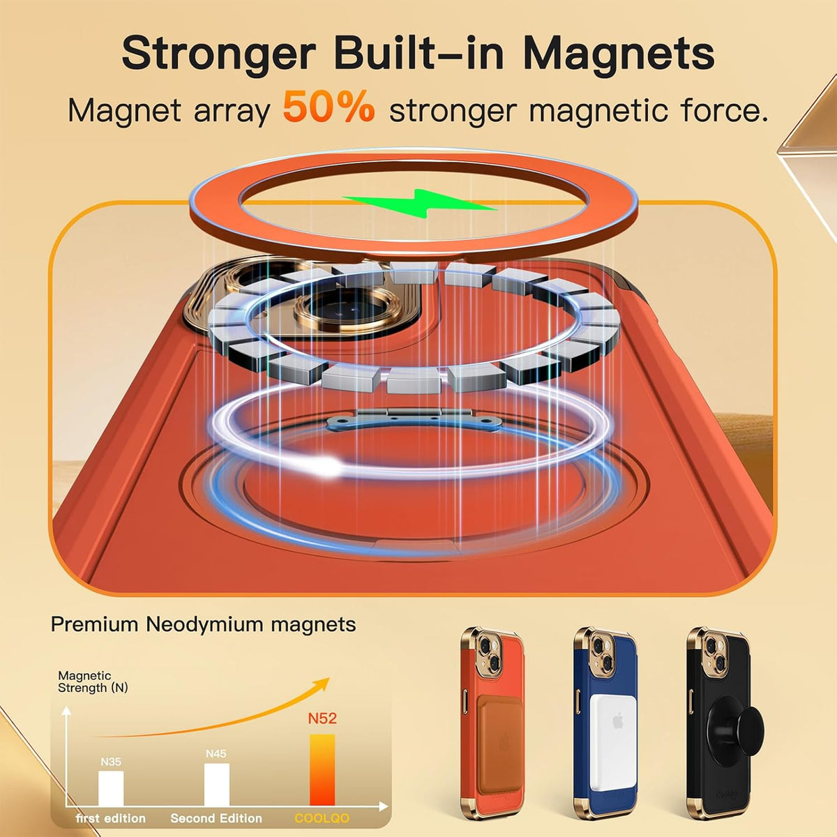 COOLQO for iPhone 14 Case 6.1'' Upgraded 360° Spin Magnetic Stand [Compatible with Magsafe][Military Grade Drop Protection] Shockproof Protective Phone Holder Cover for iPhone 14, Orange Gold