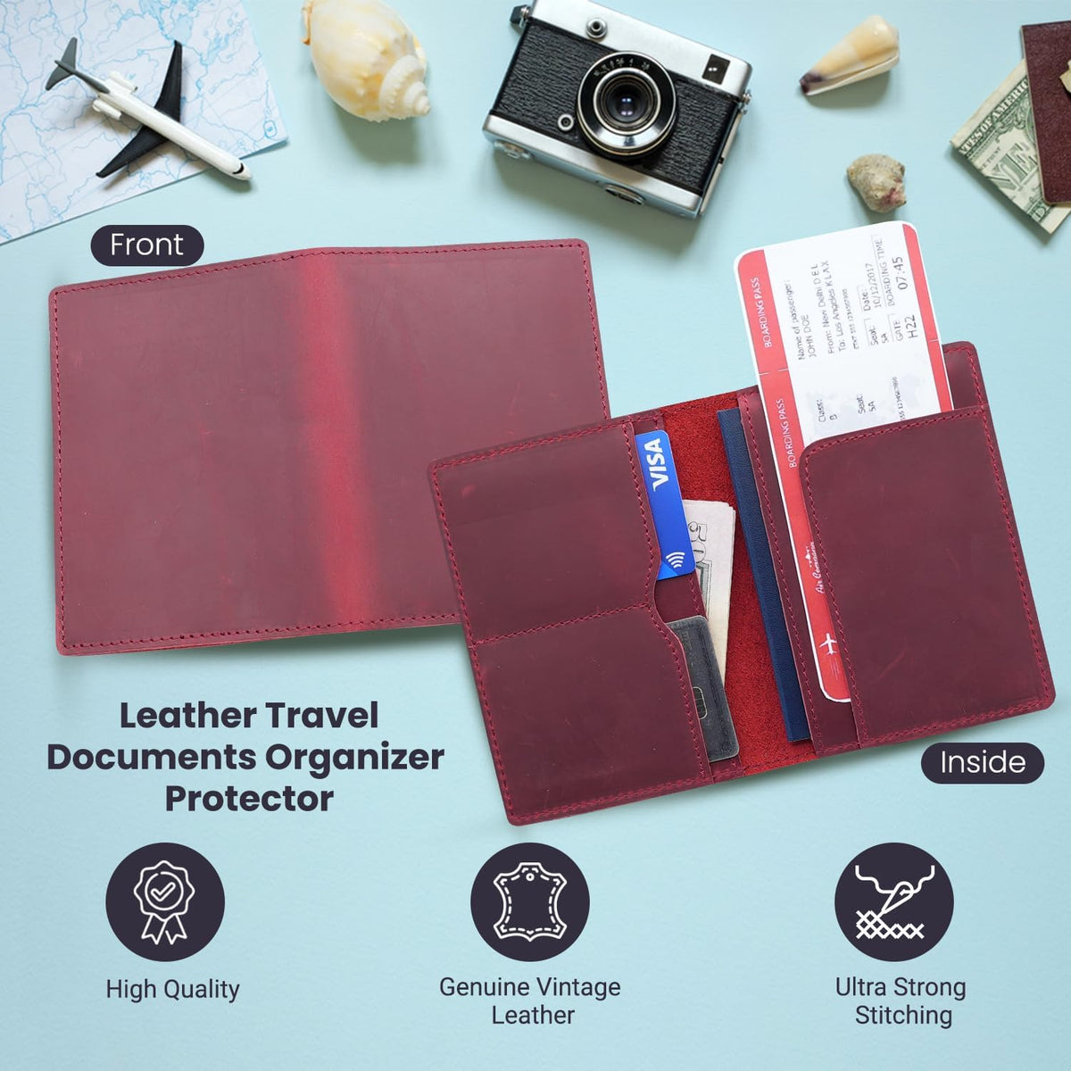 Leather Passport Holder with Travel Wallet, Genuine Leather Passport Cover- Passport Wallet, Leather Folding Wallet for Passports (Straight Cut, Red)