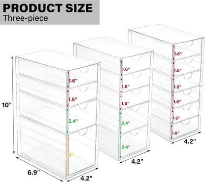 Prsildan Acrylic Drawer Organizer with 15 Drawers, Makeup Craft Office Desk Organizers Accessories, Set of 3 Clear Stackable Storage Drawers for Vanity, Countertop, Jewelry, Art Supply Organization