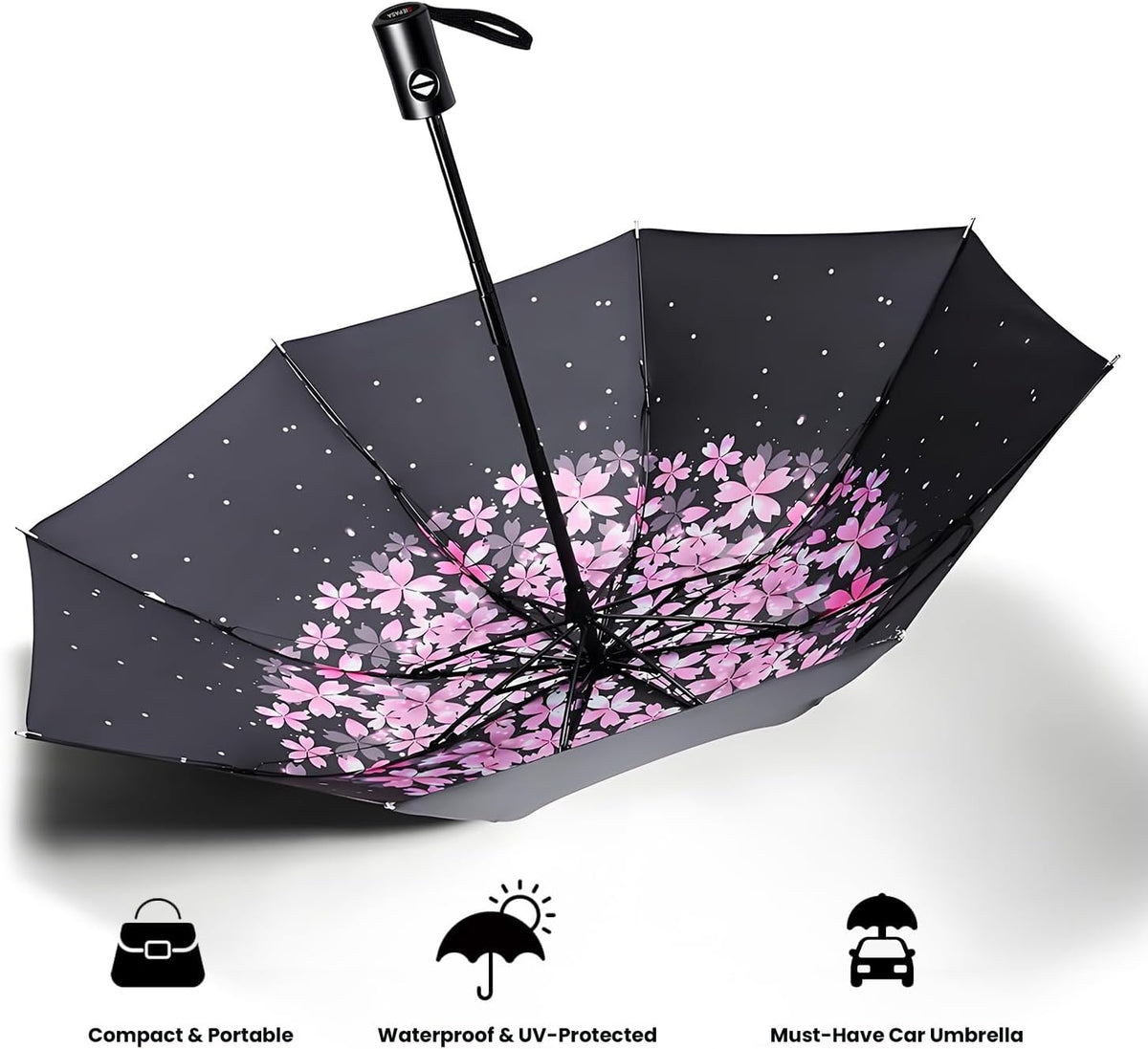 SIEPASA Compact Travel Umbrella - Windproof Auto Open/Close, Lightweight Folding Umbrella wIth Fiberglass Frame & Waterproof Canopy. Fits Backpack/Purse. (Pink Cherry Blossom)