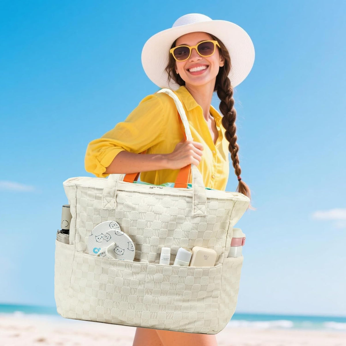 LEDAOU Large Beach Tote Bag Women Waterproof Sandproof Zipper Beach Tote Bag for Pool Gym Grocery Travel with Wet Pocket