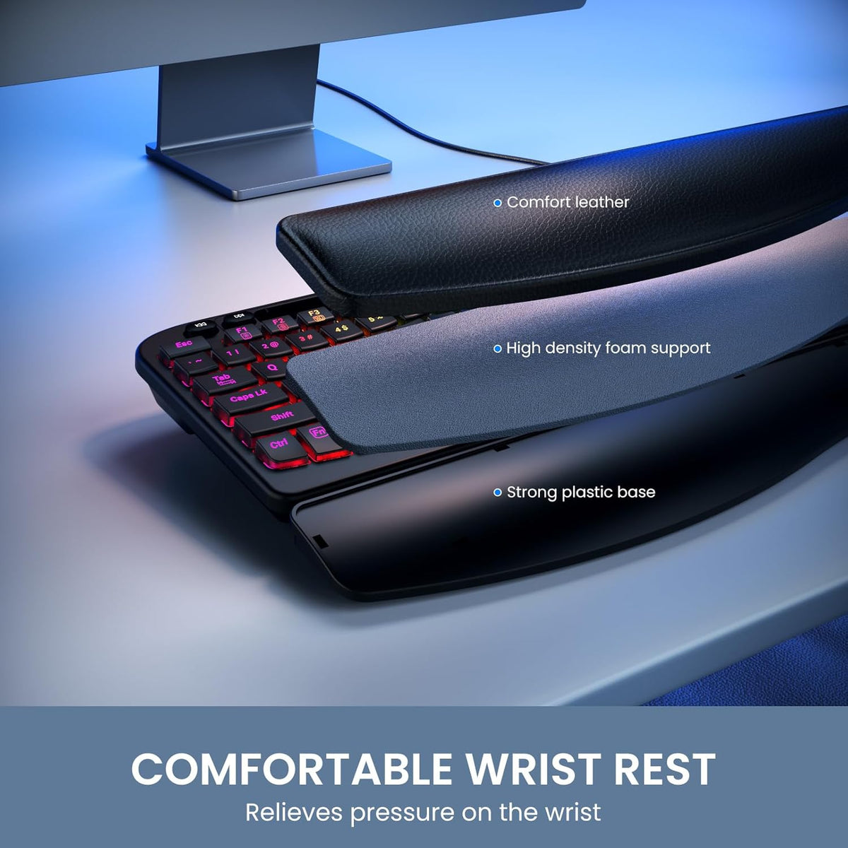 Ergonomic Backlit Keyboard with Wrist Rest, 7 Colors USB Wired Computer Keyboard, Wave Keys, with Phone/Tablet Holder, Comfortable Lighted Keyboard for PC, Windows and Mac