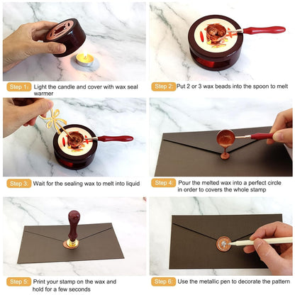 Upgraded Wax Seal Stamp Kit,Wax Seal Kit with Storage Box,48 Color 1200 Pcs Sealing Beads with 4 Pcs Seal Stamps,Warmer,Spoon,Envelopes, Candles, Metallic Pen for Wedding Invitation,DIY Crafts