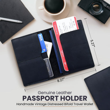 Leather Passport Holder with Travel Wallet, Genuine Leather Passport Cover- Passport Wallet, Leather Folding Wallet for Passports (Straight Cut, Black)
