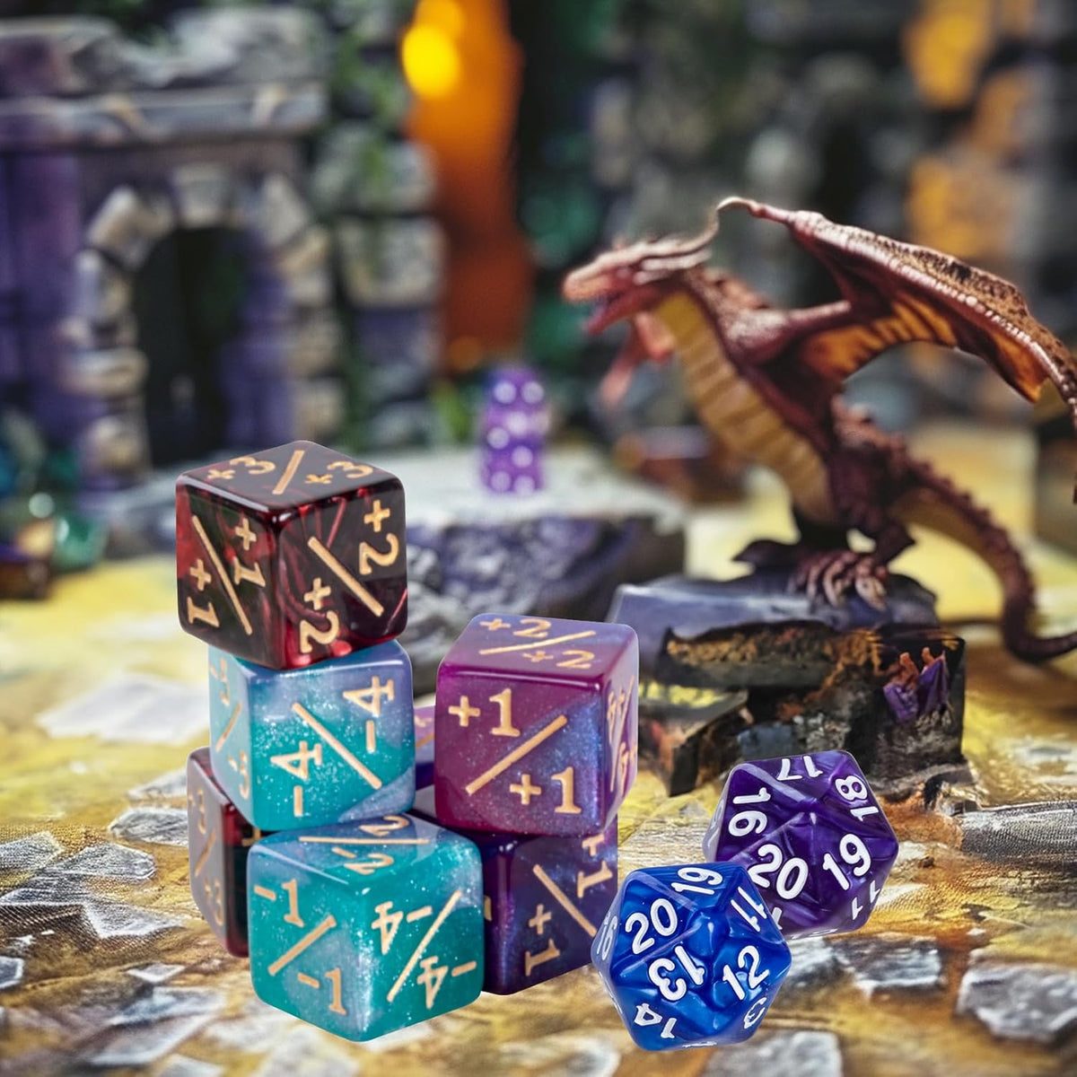 50 MTG Counters Dice Marble Bulk Spindown Life Counter Tokens Dice Buff Tokens Compatible with Magic Card Game Accessories CCG Creature Stats (Red&Green, Purple&Blue)
