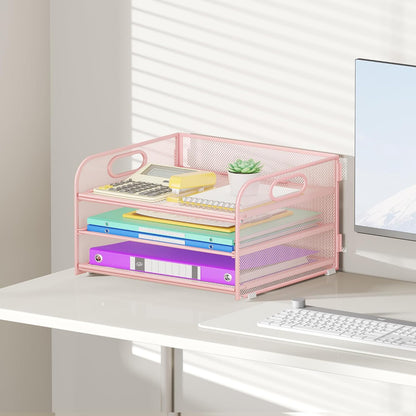 3 Tier Paper Organizer with Handle, Metal Desk Organizer Mesh Paper Letter Tray Desktop File Folder Document Sorter for Classroom, School, Office Accessories Organization and Storage - Pink