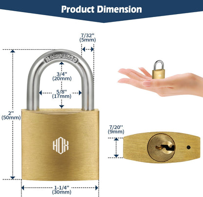 HOX 12-Pack Keyed Padlock, Waterproof and Rustproof, Solid Brass Lock with 1-1/4" Wide Body, Padlock with Keys for Storage Unit, Sheds, Garages and Fence