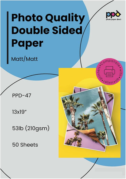 PPD Double Sided Photo Paper, Matte Brochure Paper 13 x 19 for Inkjet Printer, 210 gsm, 9 mil Thick for Magazine, Flyer, Presentation, Program, Instant Dry & Water Resistant (50 Sheets)