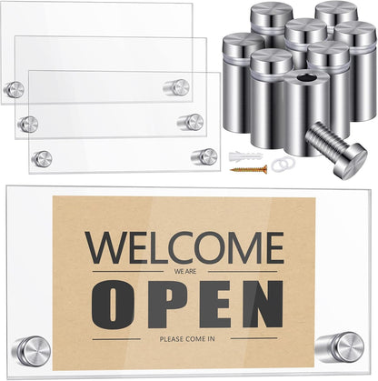Demissle 4 Sets Clear Acrylic Wall Name Plate Holders Office Door Mount Name Plate Holder with Stainless Steel Standoff Screws for Office Home Store Restaurant (6 x 3 Inch)