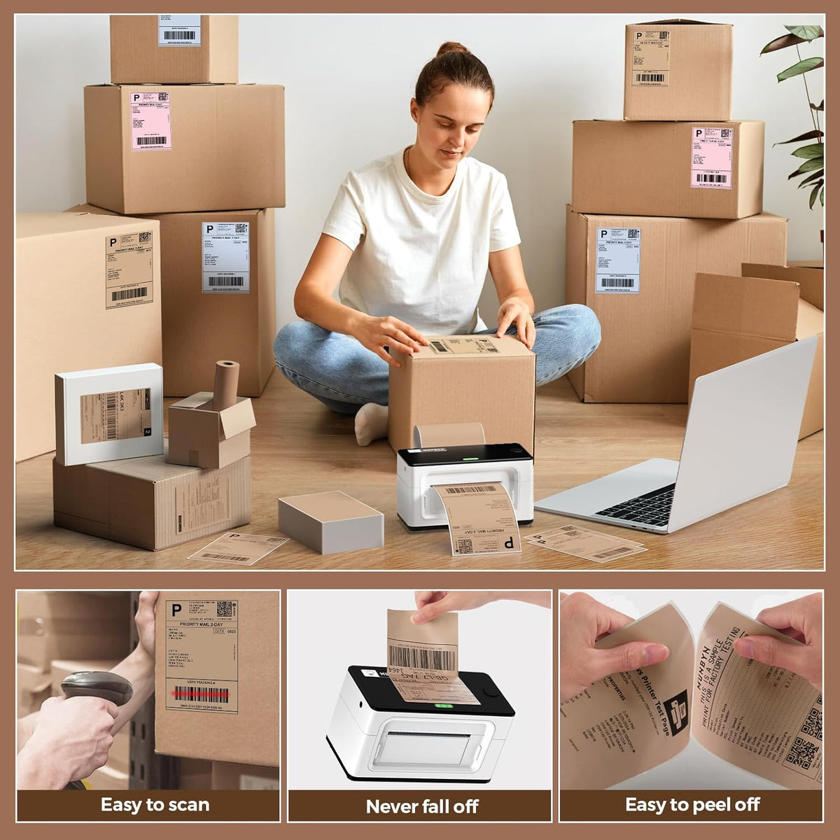 MUNBYN Brown 4"x6" Direct Thermal Shipping Labels, Commercial Grade Permanent Adhesive Fanfold Mailing Postage Label Paper for Thermal Printers and Packages, 220 Sheets per Stack