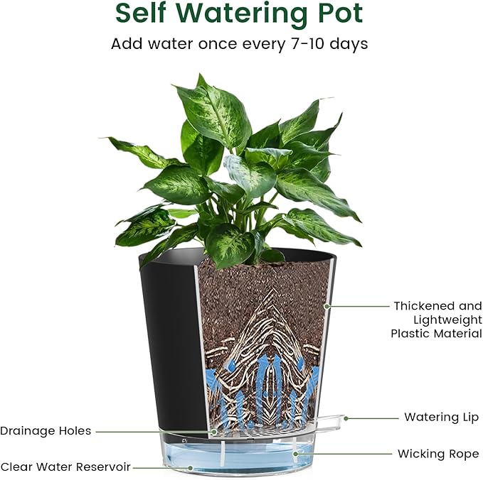 5 inch Self Watering Flower Pots for Indoor Plants, 5 Pack Small Plant Pots with Drainage Holes & Clear Reservoir for Visible Water Level, Plastic Wicking Planter Pots for House Plants, Black