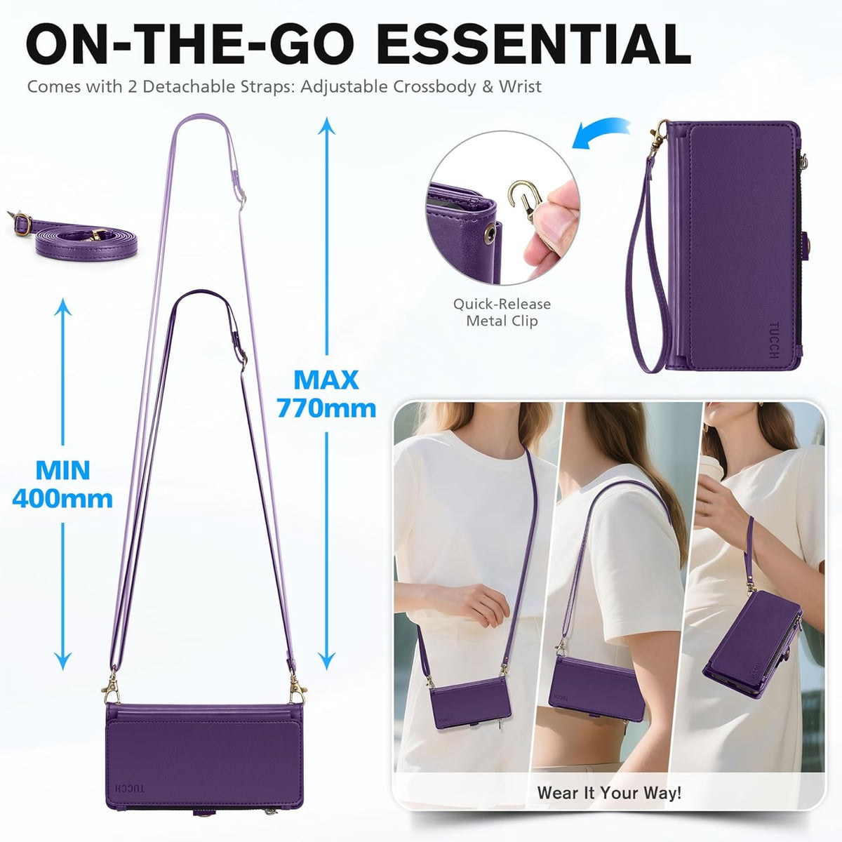 TUCCH Removable Crossbody Wallet Case for iPhone 17 (6.3"), 9 Card Holders RFID Blocking, Lanyard, Wrist Strap, Wireless Charging, Stand, Zipper Pocket, PU Leather, Magnetic Flip Cover, Deep Purple