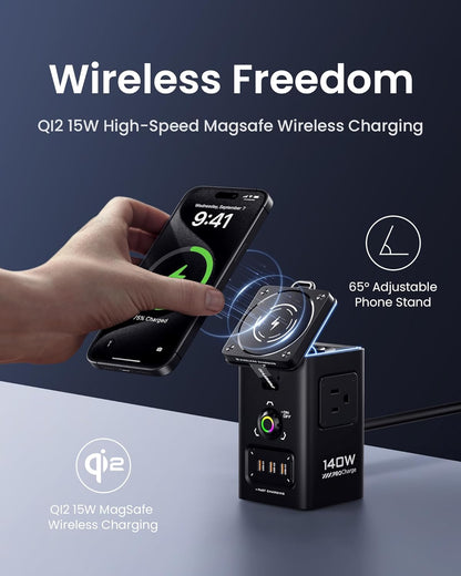 PISEN 8-in-1 Mag-Safe Charger Stand - 140W Charging Station for Multiple Devices Mag-Safe Stand Magnetic Qi2 Wireless Charger for iPhone 16/15/14/13/12 Series, Magnetic Charger for Apple Watch