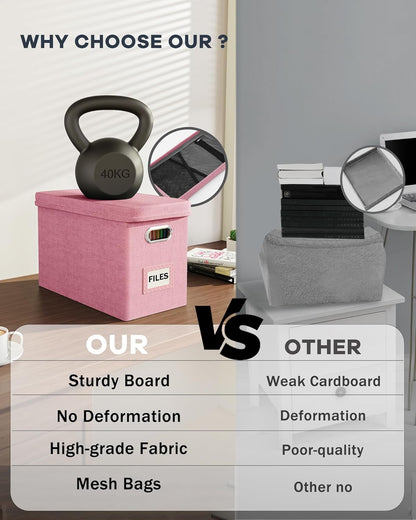 Oterri File Organizer With Lid, Hanging Filing Box With Mesh Pocket, Document Organizer for Letter Files, Portable Storage With Smooth Sliding Rail for Office & Home (2 PCS, Pink)