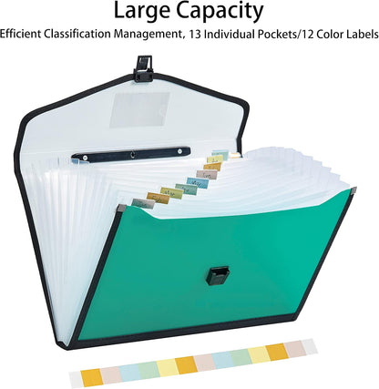 Leagl Size 13-Pockets Expanding File Folder with Handle, Plastic Accordion Filling File Folder Expandable Monthly Portable Paper Document Organizer for Office School & Home (Green)