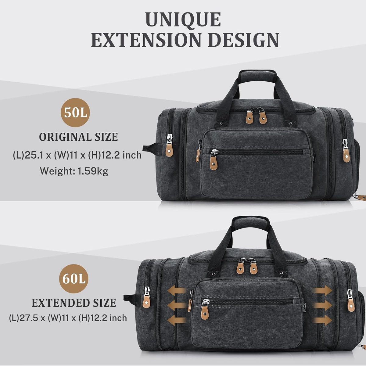 Gonex Canvas Duffle Bag 60L Travel Duffel Overnight Weekend Bag with Shoe Compartment (Dark Gray)