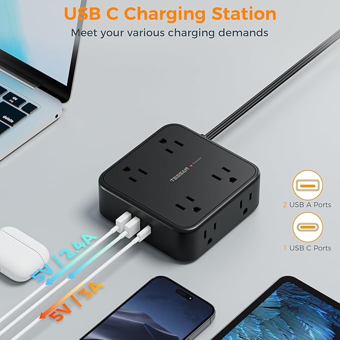 15 FT Extension Cord, TESSAN Ultra Thin Flat Plug Power Strip Surge Protector