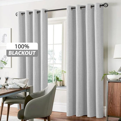 Yakamok White Linen Curtains 100% Blackout 72 Inches Long,Room Darkening Textured Drapes for Living Room Thermal Grommet Bedroom Curtains 2 Panels with Greyish White Liner