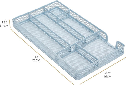 Annova Desk Drawer Organizer/Storage Tray - Metal Mesh with Dividers for Pens, Desktop Accessories, Bathroom, Kitchen, Makeup and Office Supplies (Small, Morandi Blue)