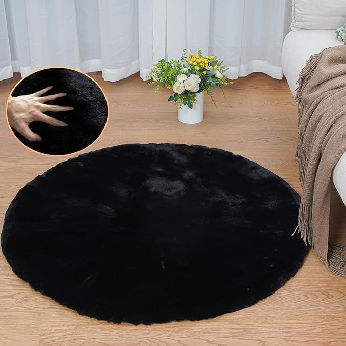 ORINOVA Black Rabbit Shaggy Fur Rug for Bedroom Washable Furry Circle Area Rugs for Living Room Kids Small Round Rug 3ft Nursery Rug