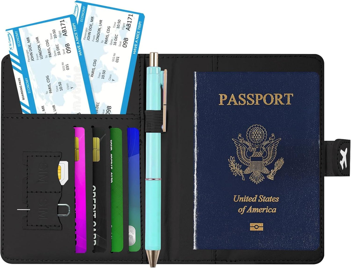 Passport Holder, Travel Wallet Cover with Pen Loop | Cute RFID Blocking Leather Case with Magnetic Closure for Travel Essentials-Black