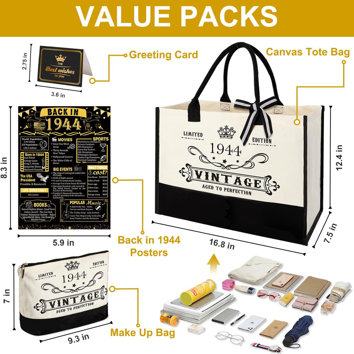 YeohJoy 81st Birthday Gifts for Women Canvas Tote Bag Travel Gear, Unique 81 Years Old Birthday Gifts for Girlfriend Sister Friends Her, Vintage 1944 Handbag & Cosmetic Bag & Back in 1944 Poster