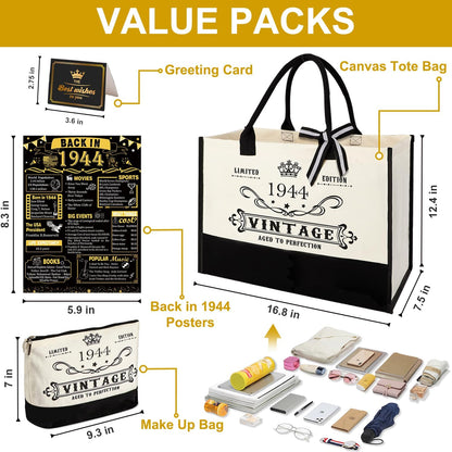 YeohJoy 81st Birthday Gifts for Women Canvas Tote Bag Travel Gear, Unique 81 Years Old Birthday Gifts for Girlfriend Sister Friends Her, Vintage 1944 Handbag & Cosmetic Bag & Back in 1944 Poster