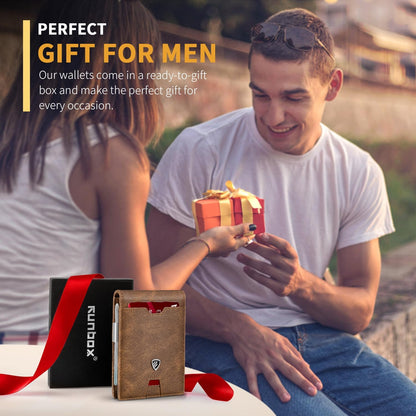 RUNBOX Mens Slim Wallet with Money Clip RFID Blocking Bifold Credit Card Holder for Men with Gift Box