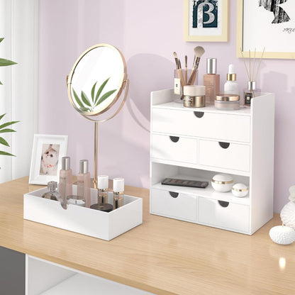 Bamboo Desk Organizer with Drawers Desktop Storage Drawers for Bills Office Supplies Kitchen Utensils Organizing Tool for Home Classroom Organization No Assembly (White)
