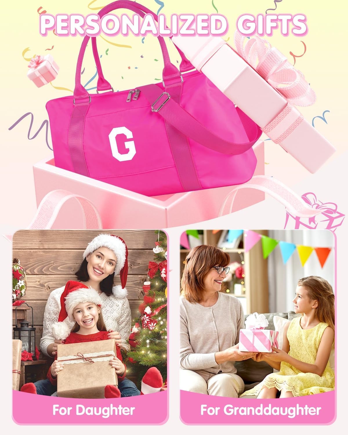 Overnight Bag for Kids Teen Girls Weekender Dance Bag Birthday Graduation Gifts,Initial Travel Duffel Bag Sports Gym Bag Personalized Weekender Bag Carry On Bags Preppy Gifts for Women(Hot Pink, G)