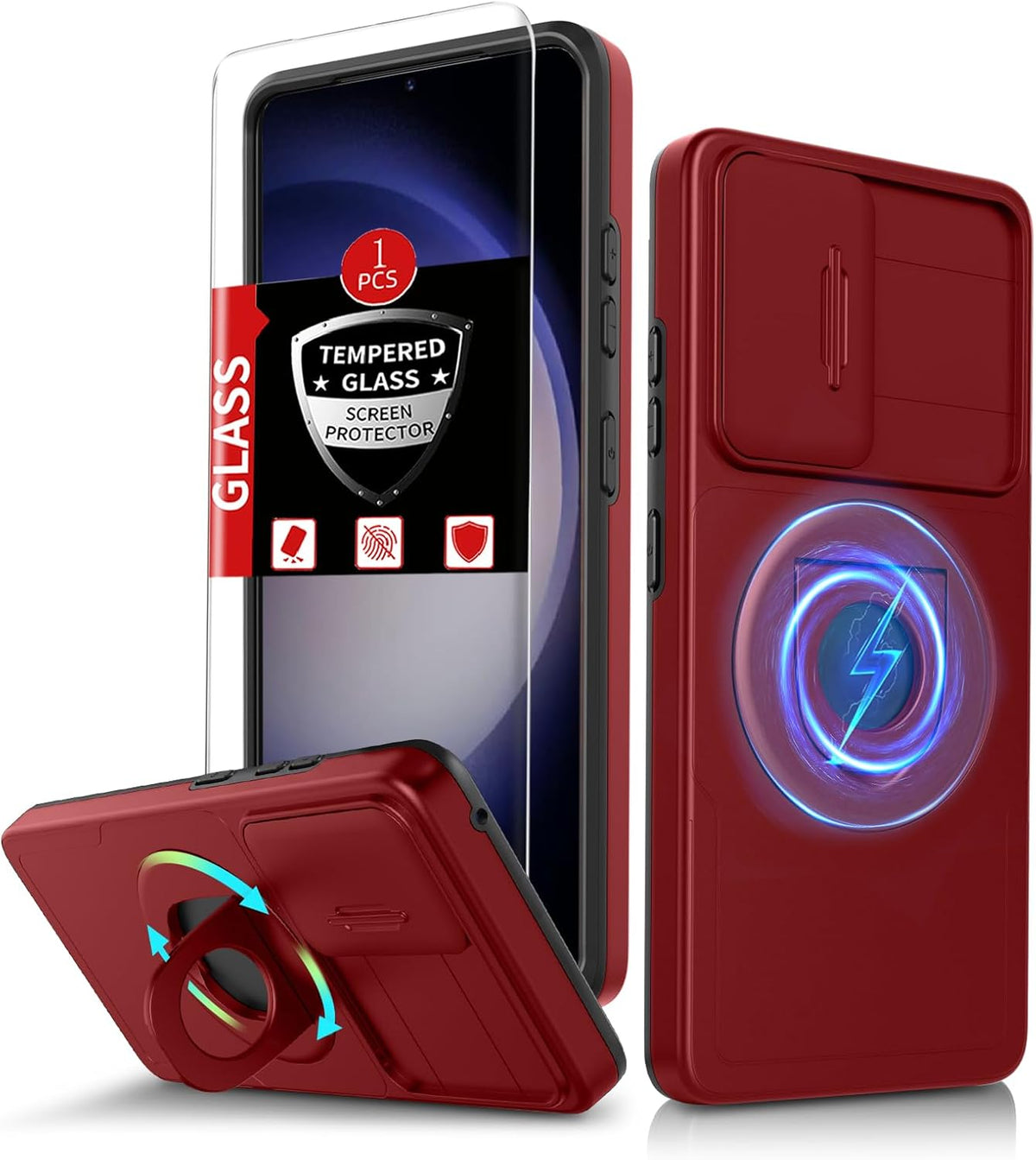 for Samsung Galaxy S23 Case Magnetic Compatible with MagSafe Wireless Charging,with Screen Protector,Built-in Kickstand Ring+Camera Cover Anti-Scratch Shockproof Heavy Duty Protection Red