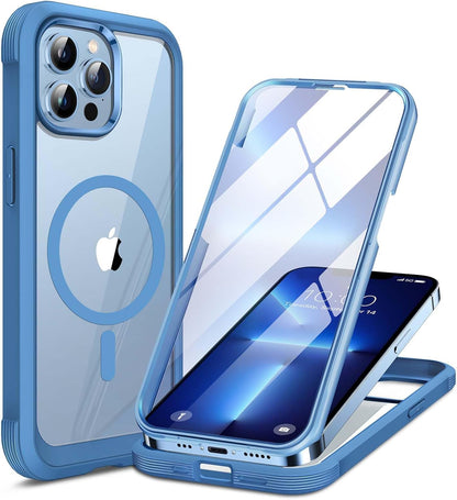 Miracase Magnetic for iPhone 13 Pro Max Case 6.7 inch, (Compatible with MagSafe) Upgrade Full-Body Clear Phone Bumper Case with Built-in 9H Tempered Glass Screen Protector, Magnetic Capri Blue