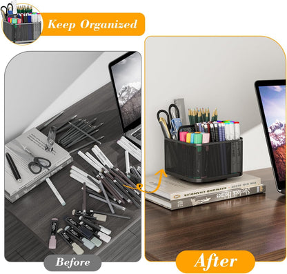 LUCYCAZ 360 Rotating Metal Pencil Pen Holder for Desk, Rotating Pencil Cup with 5 Slots, Dual-Purpose Desk Pen Organizer for Office, School, Home, Square