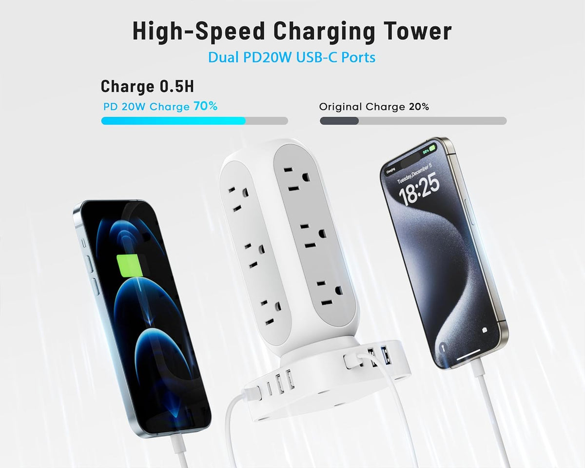 Flat Plug Power Strip Tower, 40W Total Fast Charging Station, Dual PD 20W USB-C Surge Protector with 12 AC Outlets and 8 USB Ports (4 USB C), 15FT Extension Cord for Home Office Dorm Room