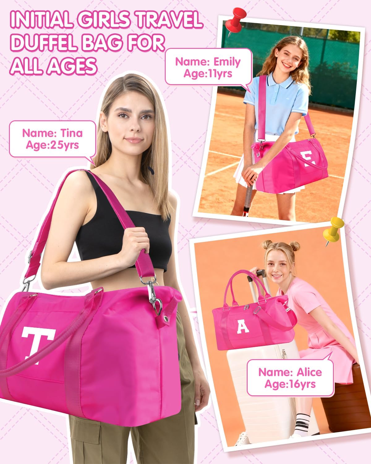 Overnight Bag for Kids Teen Girls Weekender Dance Bag Birthday Graduation Gifts,Initial Travel Duffel Bag Sports Gym Bag Personalized Weekender Bag Carry On Bags Preppy Gifts for Women(Hot Pink, G)