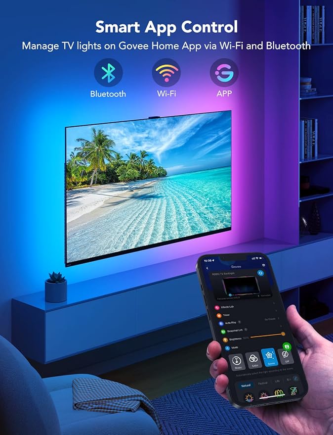 Govee TV LED Backlight, RGBIC Smart LED Strip Lights for 55-65 Inch TVs, Bluetooth and Wi-Fi APP Control, Works with Alexa & Google Assistant, Music Sync, 99+ Scene Modes, Adapter