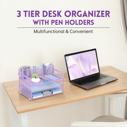 SUPEASY 3 Tier Desk Organizer with Handle & 3 Pen Holders, Mesh Paper/File Organizer for Desk, Paper Letter Tray Organizer for Office Supplies (Light Purple)